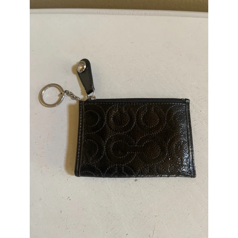Vtg Coach Black Patent Leather Signature C Mini Skinny ID Case Keychain Wallet